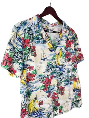 Cathy Daniels Vintage Tropical Print Button Front Blouse Large Hawaiian Beach